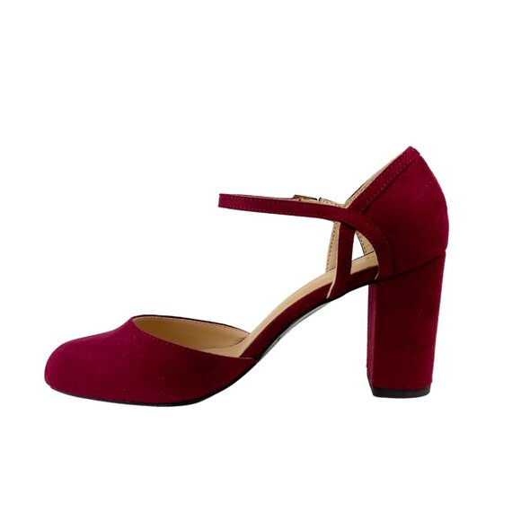 Burgundy Velvet Block Heels with Round Toe and Ankle Strap - Picture 4 of 5